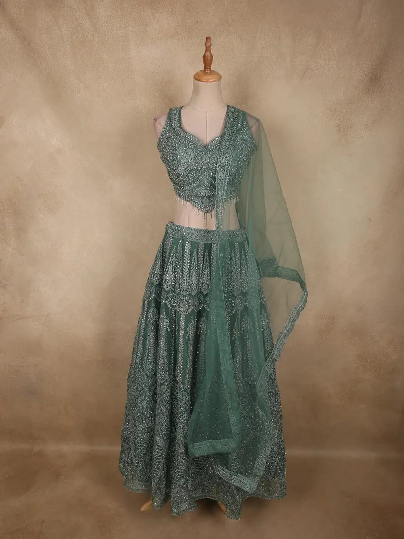 Deep Teal Emerald Green Zari Embroidered And Stone Embellished Design Net Lehenga With Net Dupatta 1