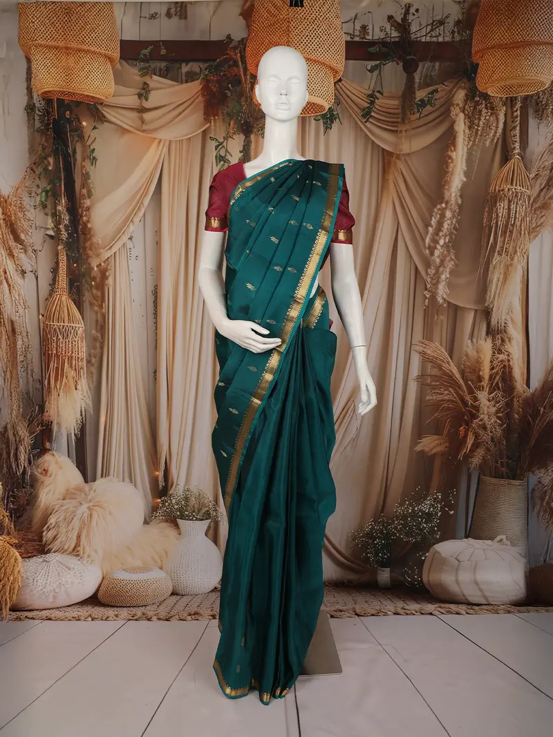 Deep Teal Green Butta Woven Design Kanchipuram Silk Saree With Zari Border 1