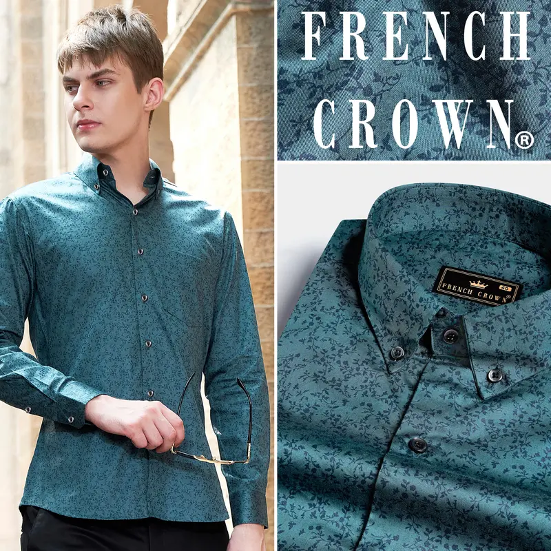 Deep Teal Green Ditsy Textured Royal Oxford Shirt 10