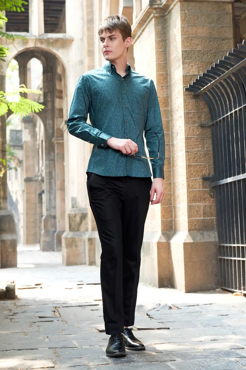 Deep Teal Green Ditsy Textured Royal Oxford Shirt 4