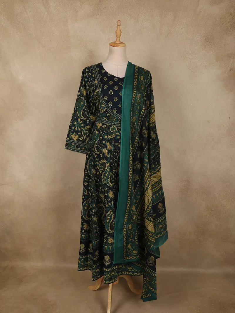 Deep Teal Green Floral And Paisley Printed Design Cotton Anarkali Salwar Suit 1