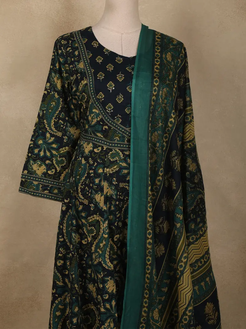 Deep Teal Green Floral And Paisley Printed Design Cotton Anarkali Salwar Suit 2