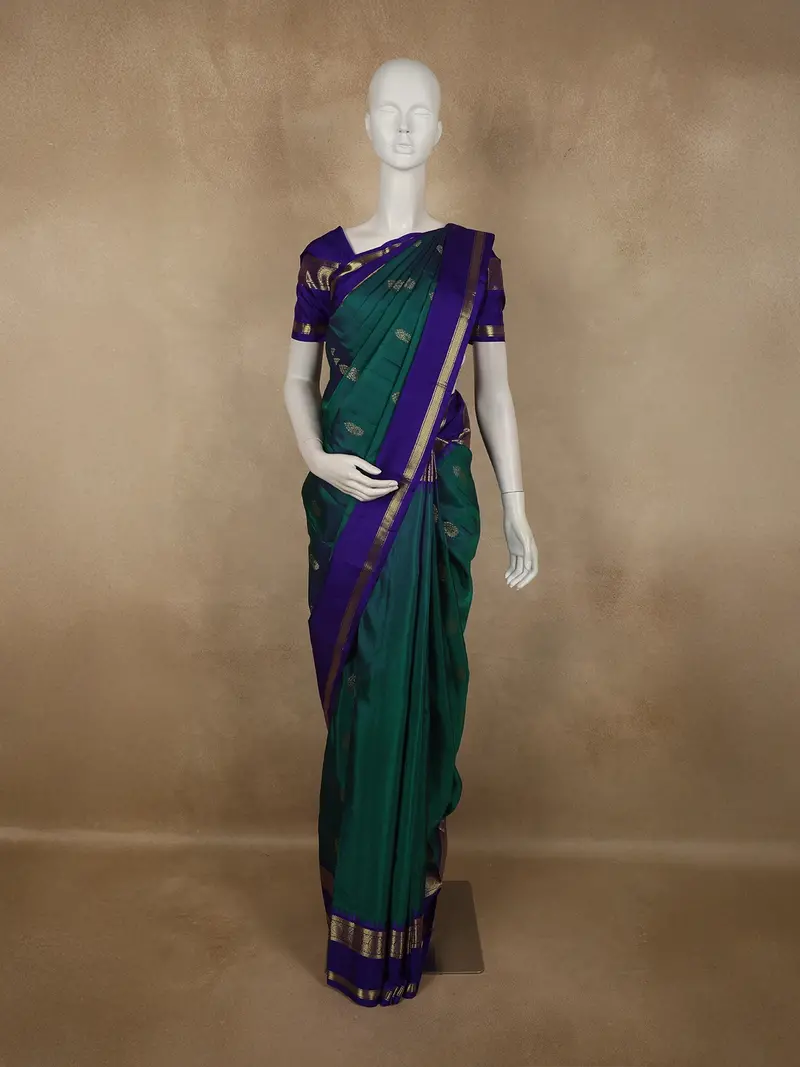 Deep Teal Green Floral Butta Woven Design Pure Kanchipuram Silk Saree With Contrast Zari Border 1