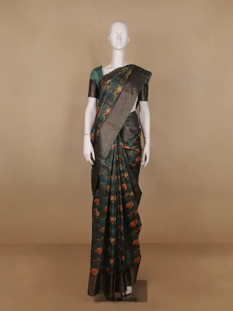 Deep Teal Green Floral Designed Chanderi Cotton Saree 1