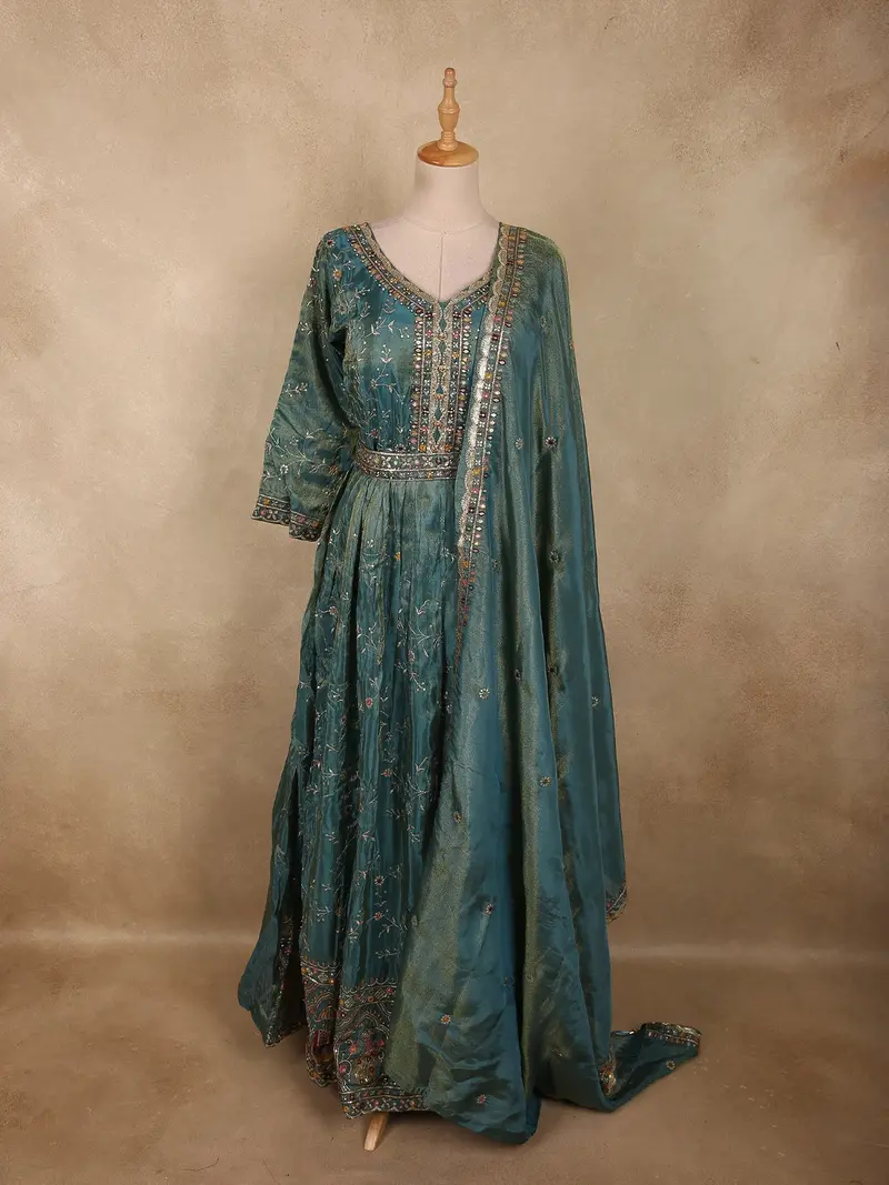 Deep Teal Green Floral Embroidered Design Organza Gown With Dupatta 1