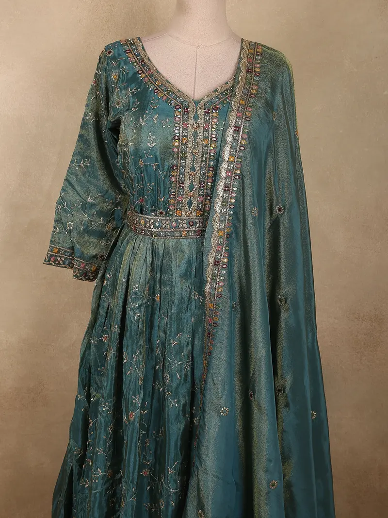 Deep Teal Green Floral Embroidered Design Organza Gown With Dupatta 2