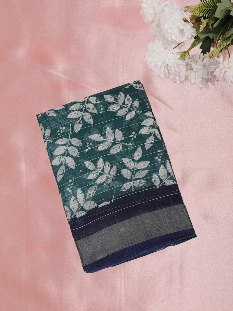 Deep Teal Green Floral Printed Design Linen Cotton Saree 1