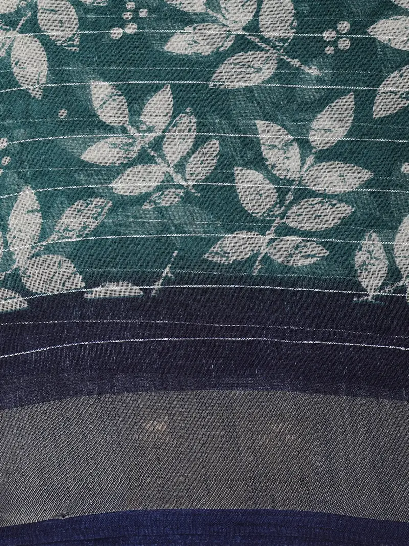 Deep Teal Green Floral Printed Design Linen Cotton Saree 2