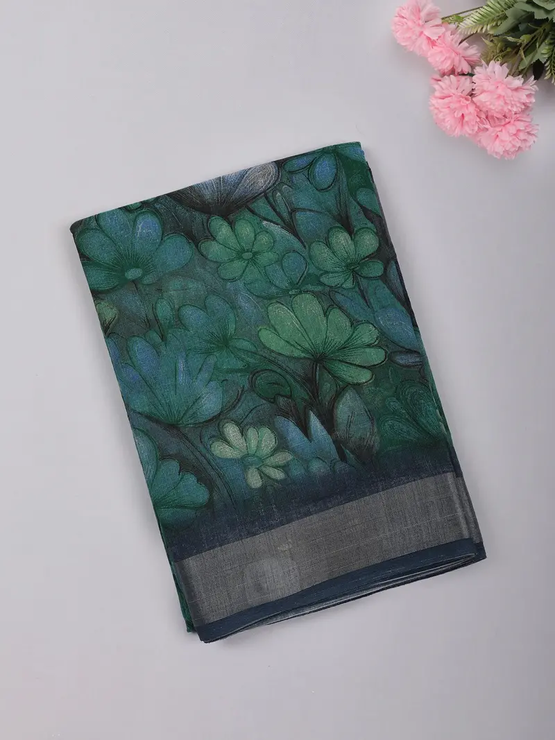 Deep Teal Green Floral Printed Design Mixed Cotton Saree 1