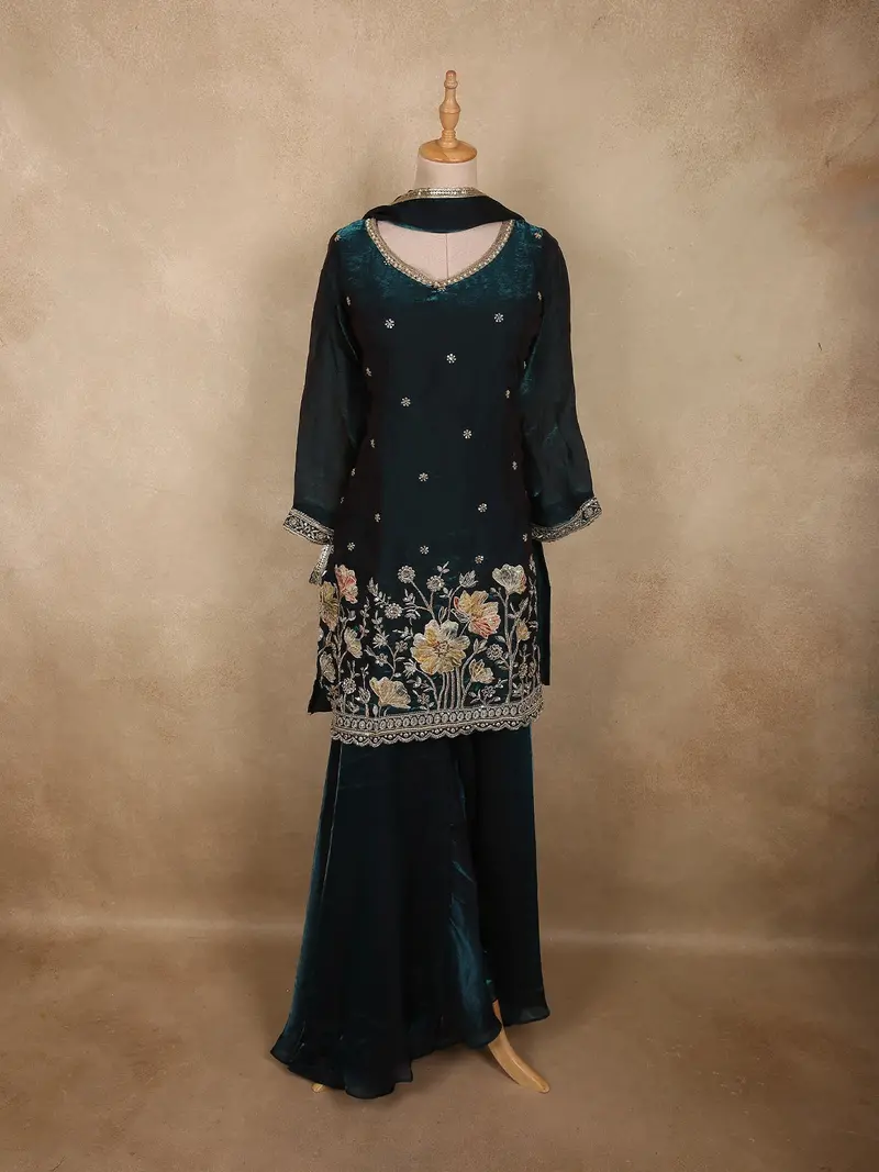 Deep Teal Green Floral Sequins And Beads Embroidered Design Organza Palazzo Suit With Dupatta 1
