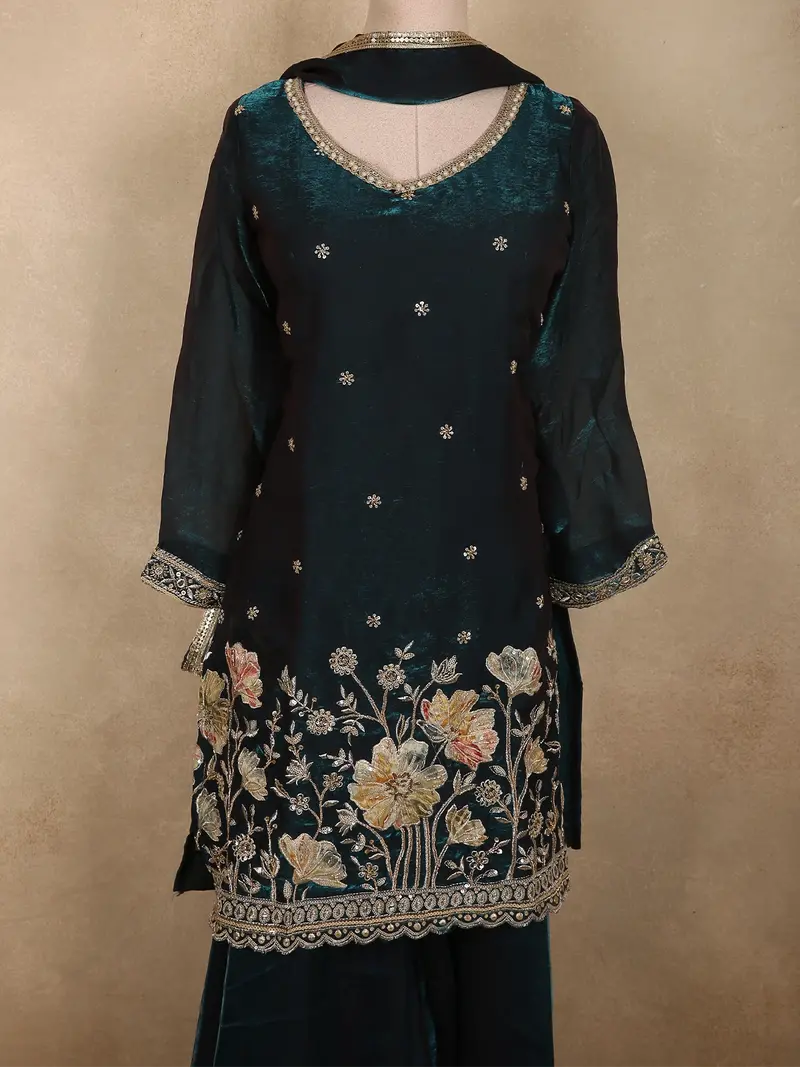 Deep Teal Green Floral Sequins And Beads Embroidered Design Organza Palazzo Suit With Dupatta 2