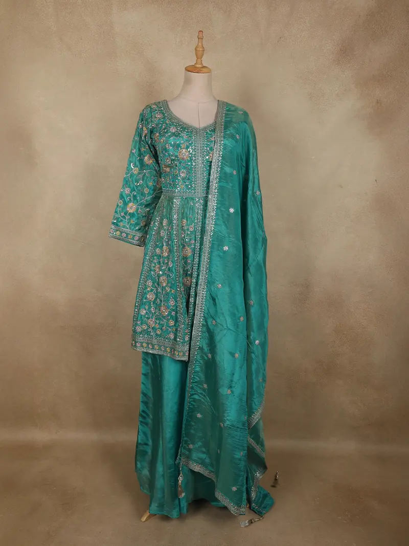 Deep Teal Green Floral Sequins And Beads Embroidered Design Tissue Peplum Palazzo Suit With Dupatta 1