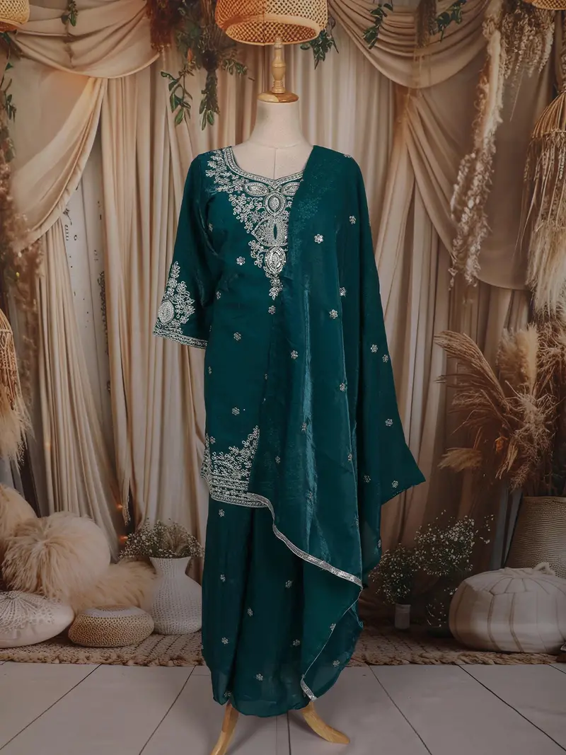 Deep Teal Green Floral Sequins And Zari Embroidered Design Organza Palazzo Suit 1