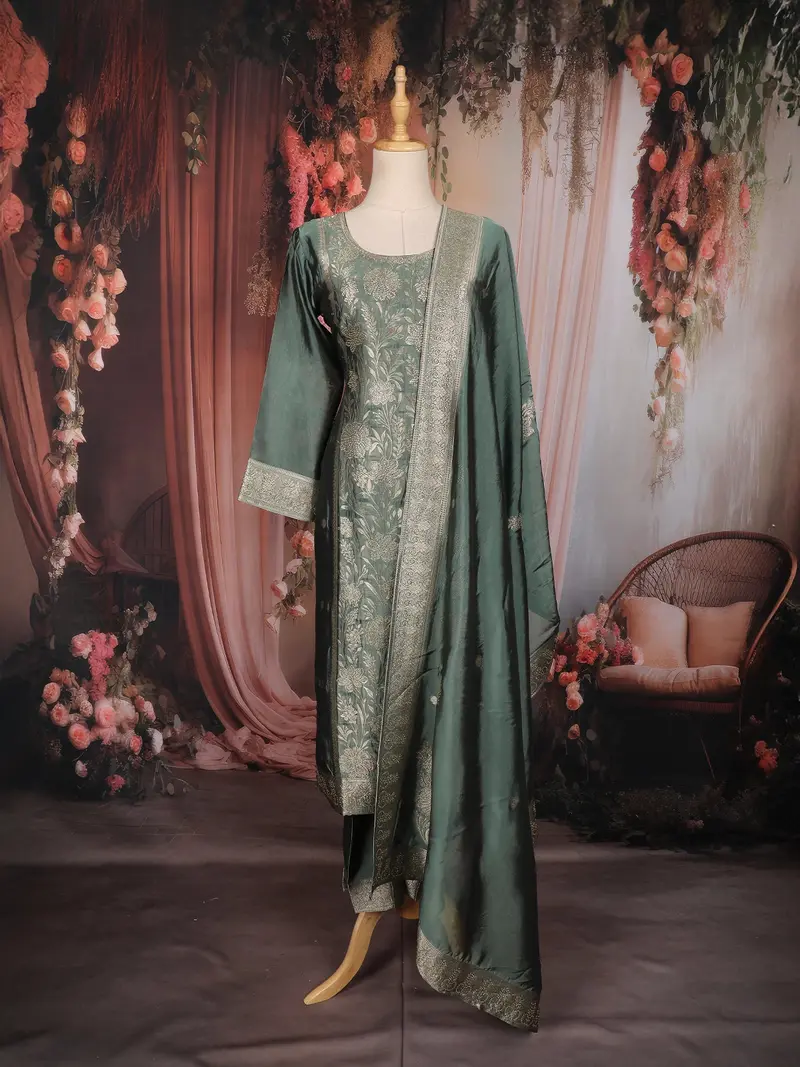 Deep Teal Green Floral Woven Tissue Banarasi Salwar Suit With Dupatta 1