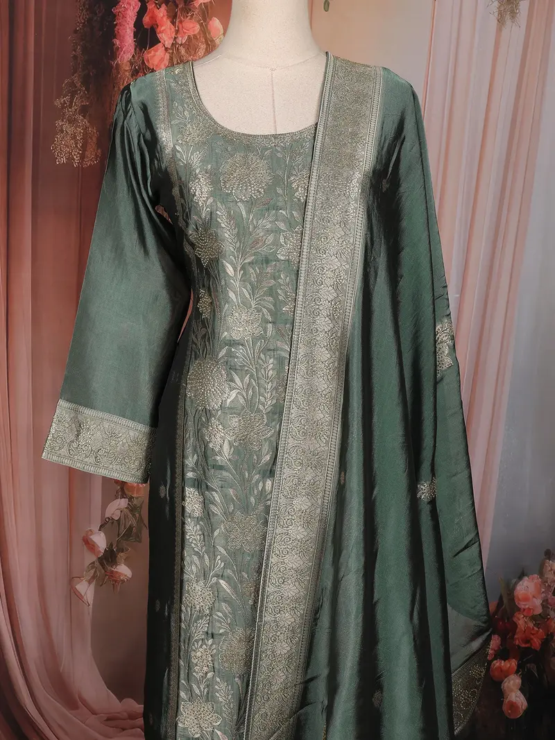 Deep Teal Green Floral Woven Tissue Banarasi Salwar Suit With Dupatta 2