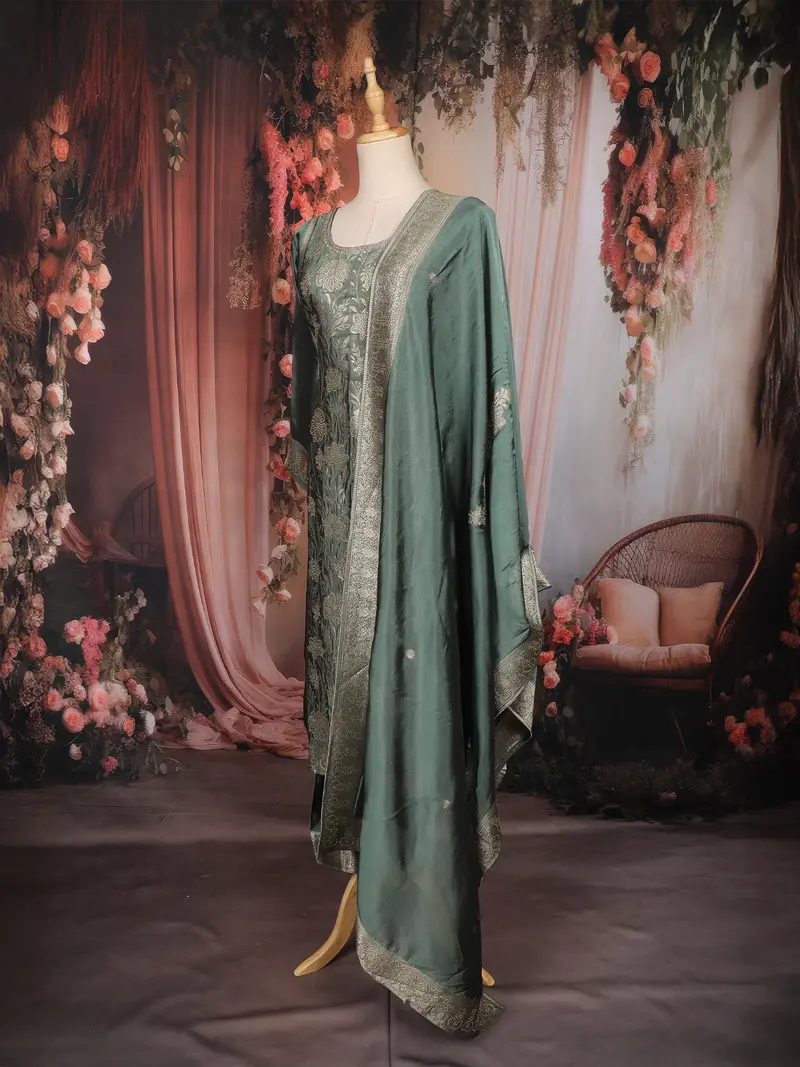 Deep Teal Green Floral Woven Tissue Banarasi Salwar Suit With Dupatta 3