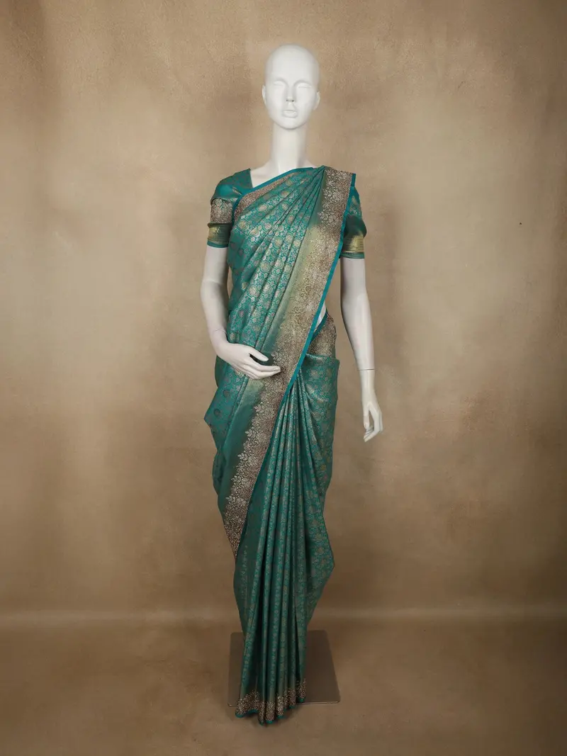 Deep Teal Green Floral Zari Woven Design Pure Banarasi Silk Designer Saree With Stone Work Border 1