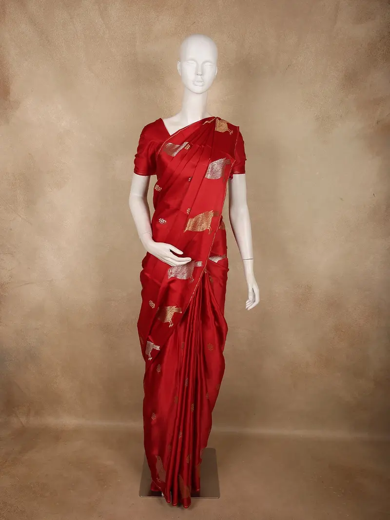 Deep Vermilion Red Floral Butta Woven Design Semi Banarasi Saree With Self Border 1