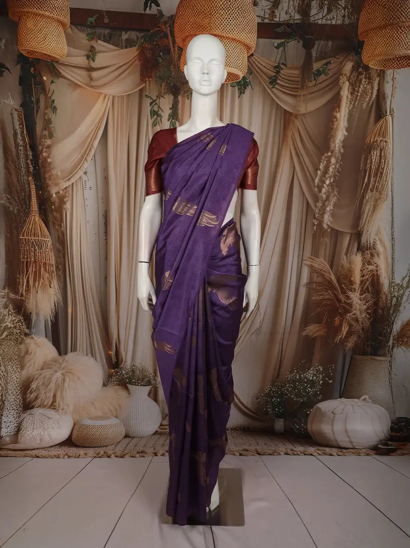 Deep Violet Birds Motif Zari Woven Design Semi Tussar Saree 1