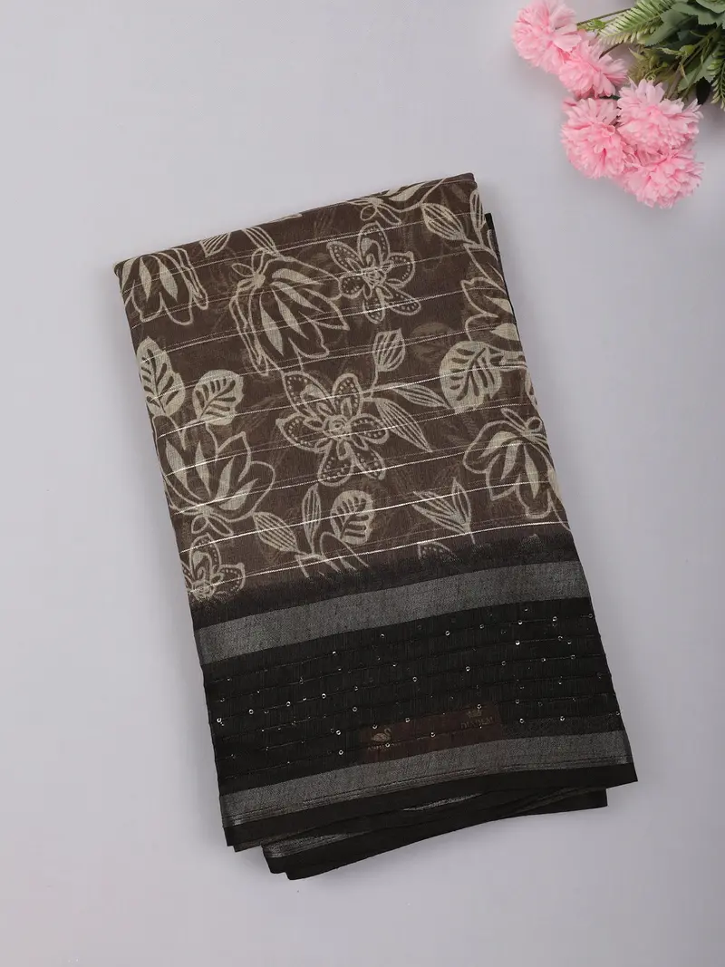 Deep Walnut Brown Floral Printed Design Mixed Cotton Saree 1