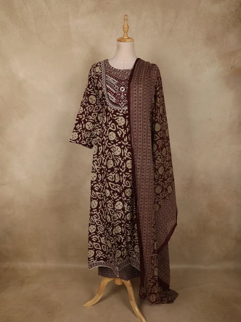 Deep Wine Abstract Printed Design Cotton Anarkali Salwar Suit With Dupatta 1