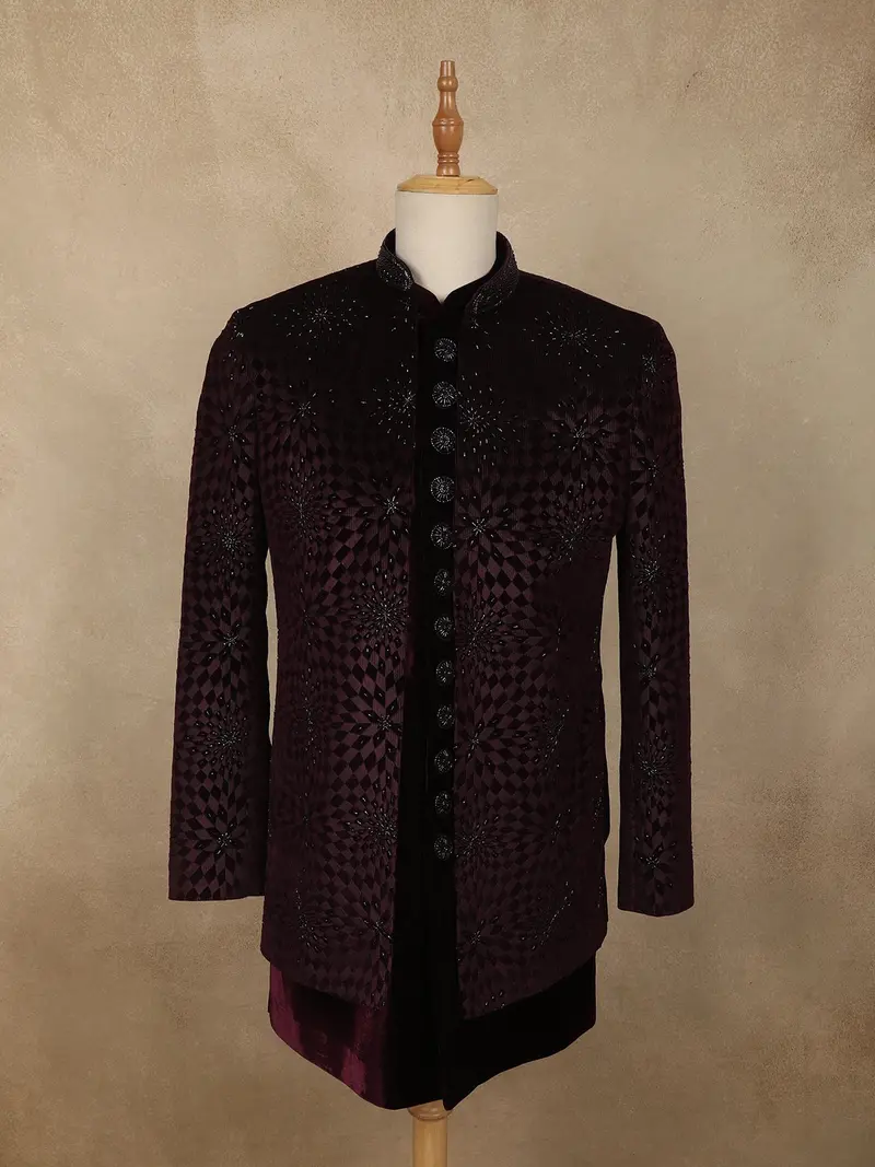 Deep Wine Abstract Zardozi Embroidered Design Velvet Men's Sherwani Suit 1