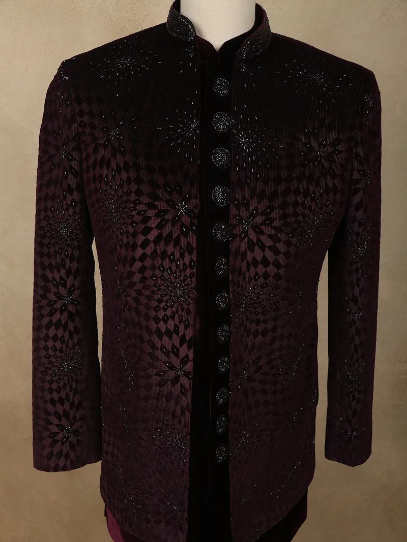 Deep Wine Abstract Zardozi Embroidered Design Velvet Men's Sherwani Suit 2
