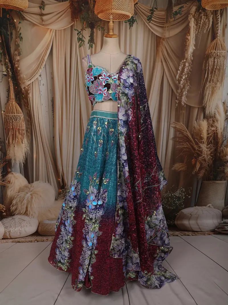 Deep Wine And Blue Sequins And Beads Embroidered Design Party Lehenga With Dupatta 1