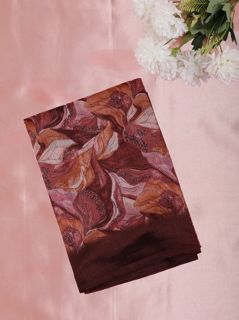 Deep Wine Brown Abstract Floral Printed Design Mixed Cotton Saree 1