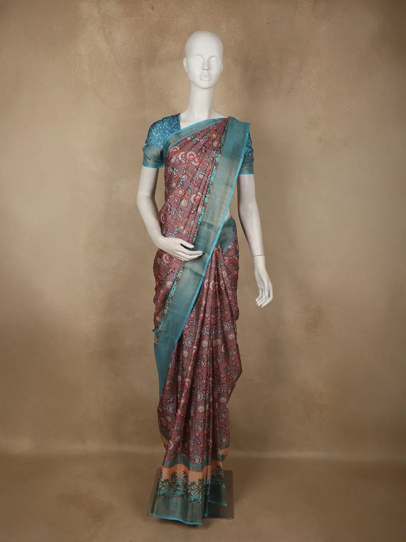 Deep Wine Brown Floral Printed Design Semi Tussar Saree 1