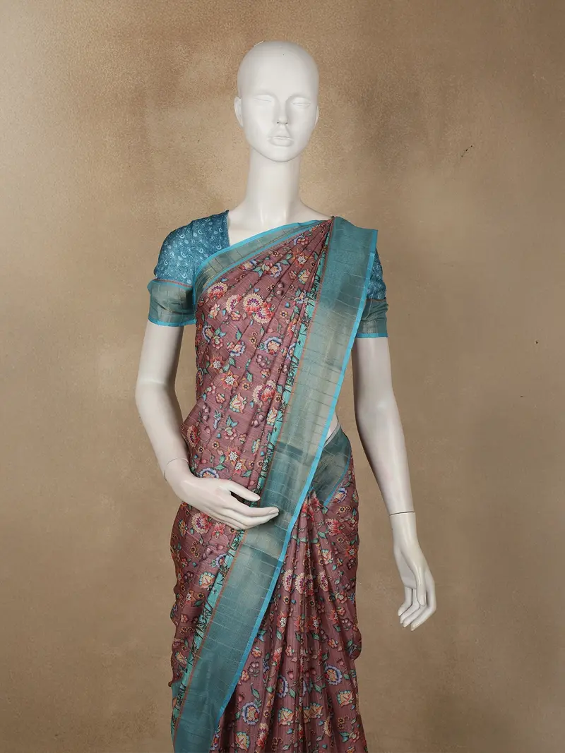 Deep Wine Brown Floral Printed Design Semi Tussar Saree 2