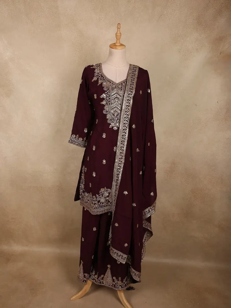 Deep Wine Burgundy Floral Sequins And Beads Embroidered Design Georgette Palazzo Suit With Dupatta 1