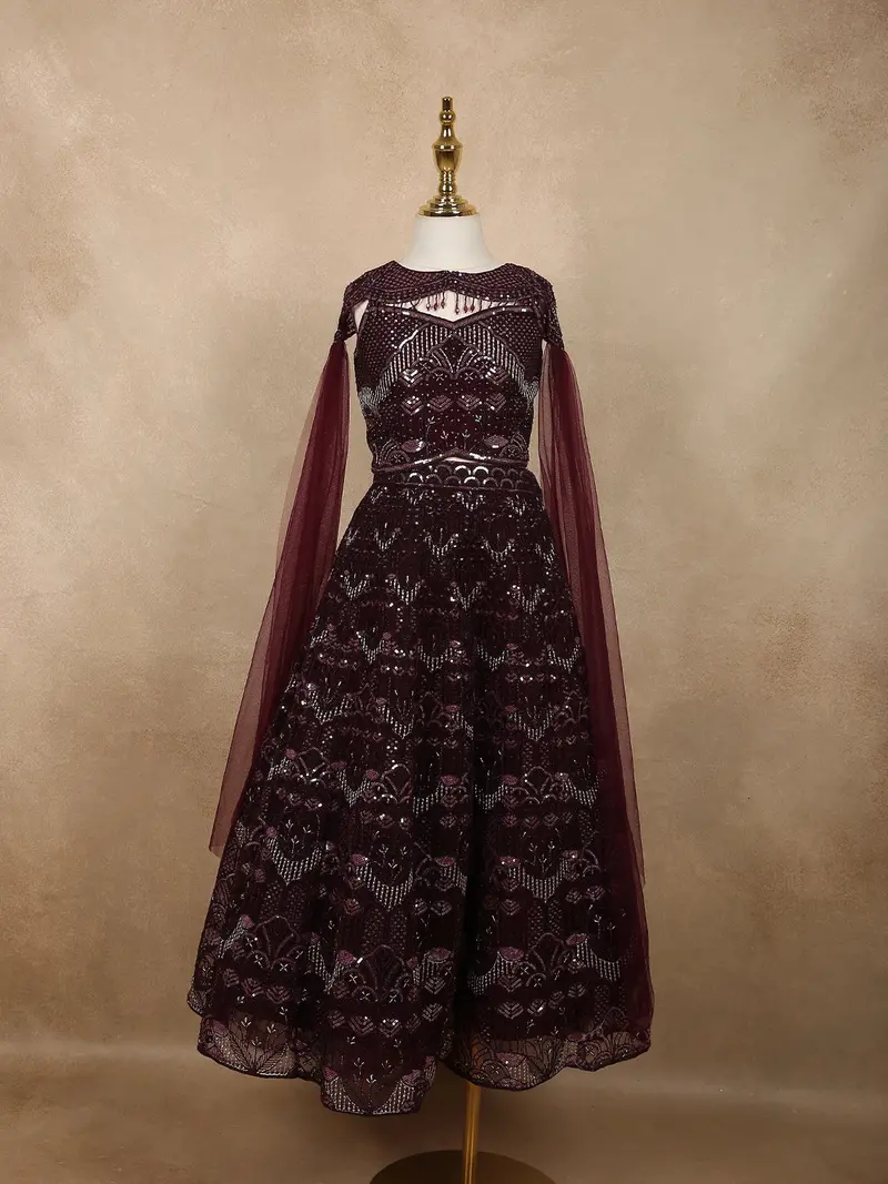 Deep Wine Burgundy Heavy Sequins Embroidered Design Net Kids Lehenga With Sheer Dupatta 1