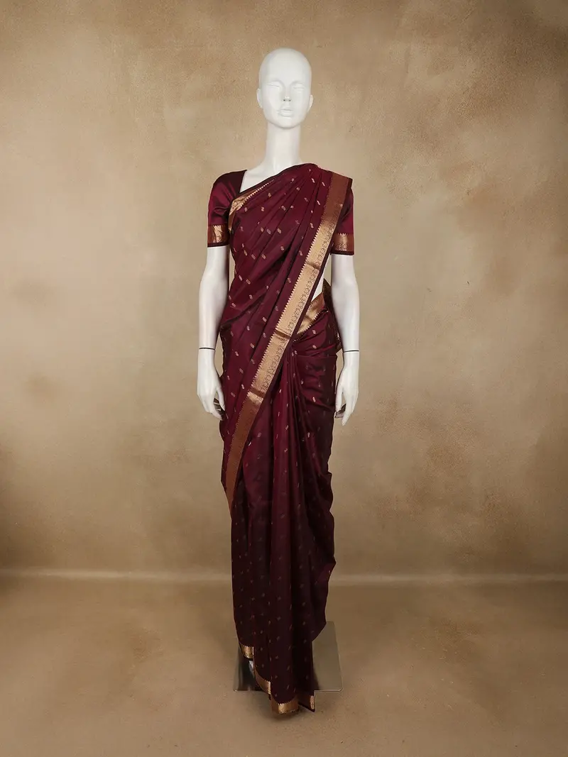Deep Wine Butta Zari Woven Design Pure Kanchipuram Silk Saree With Zari Border 1