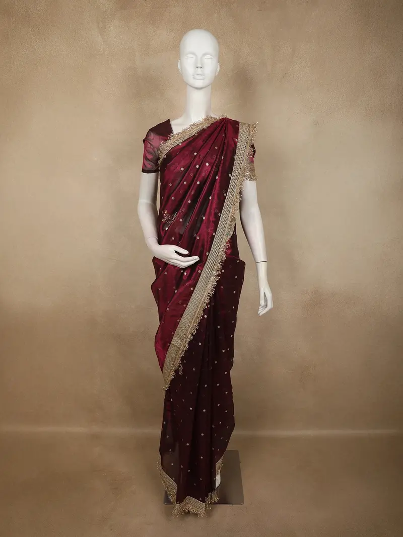 Deep Wine Butta Zari Woven Design Tissue Saree With Designer Lace Border 1
