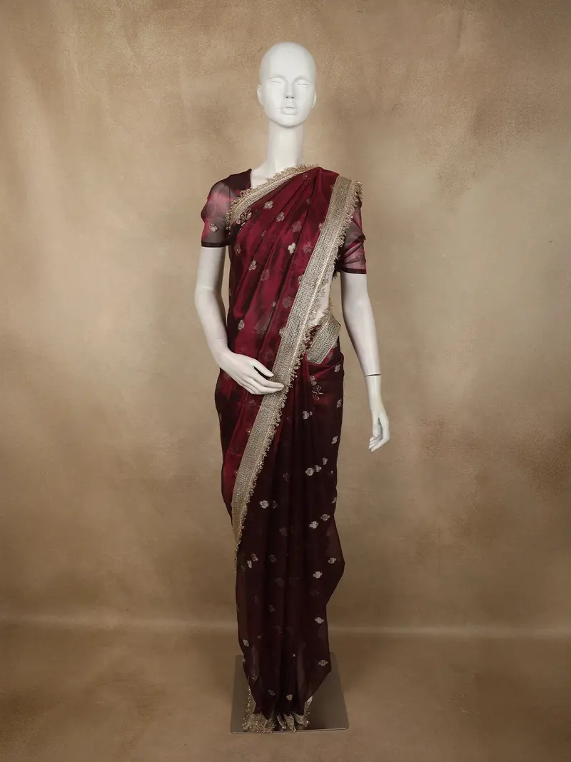 Deep Wine Butta Zari Woven Design Tissue Saree With Designer Lace Border 1