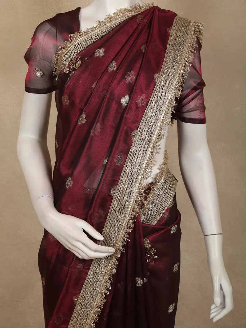 Deep Wine Butta Zari Woven Design Tissue Saree With Designer Lace Border 2