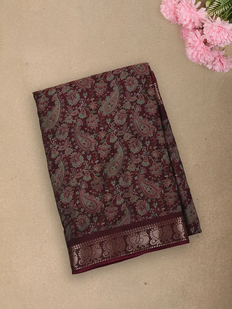 Deep Wine Floral And Paisley Printed Design Mixed Cotton Saree With Zari Woven Border 1