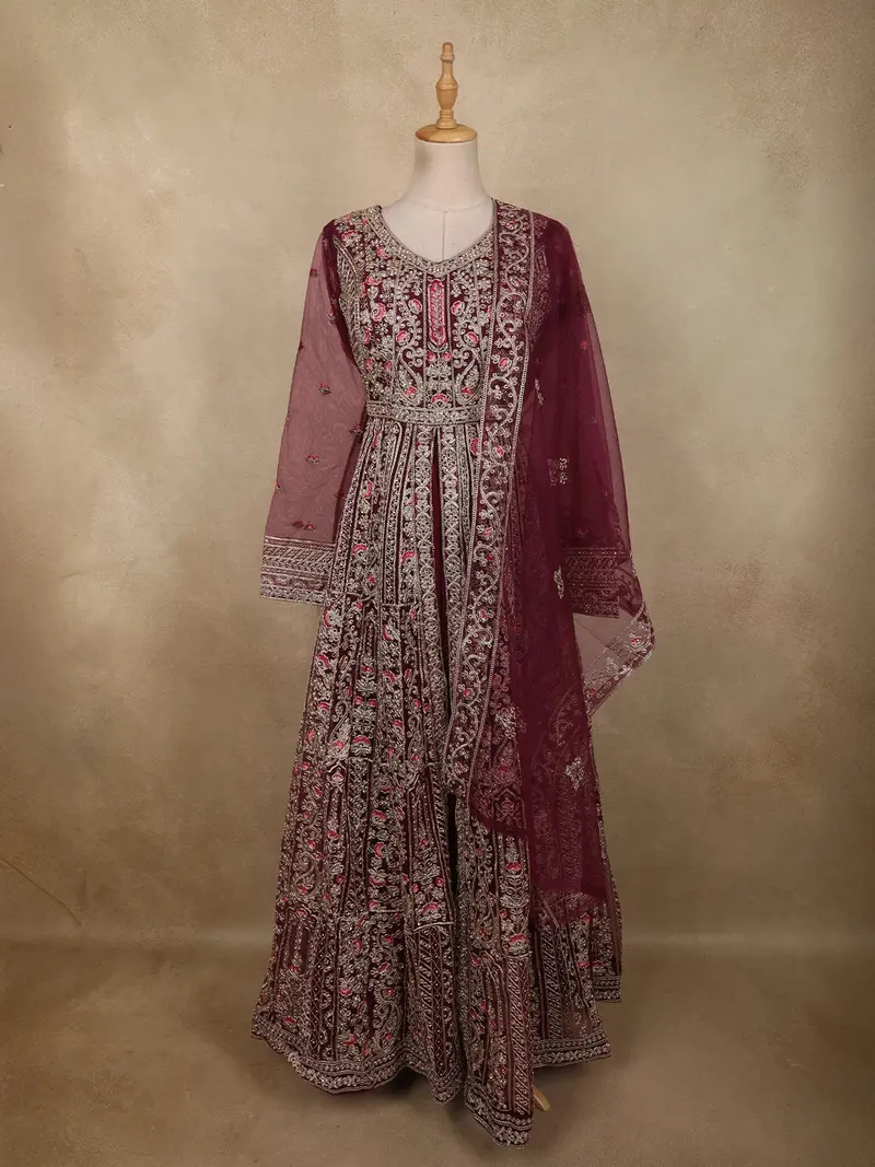 Deep Wine Floral Beads And Zari Embroidered Design Net Mastani Lehenga With Dupatta 1