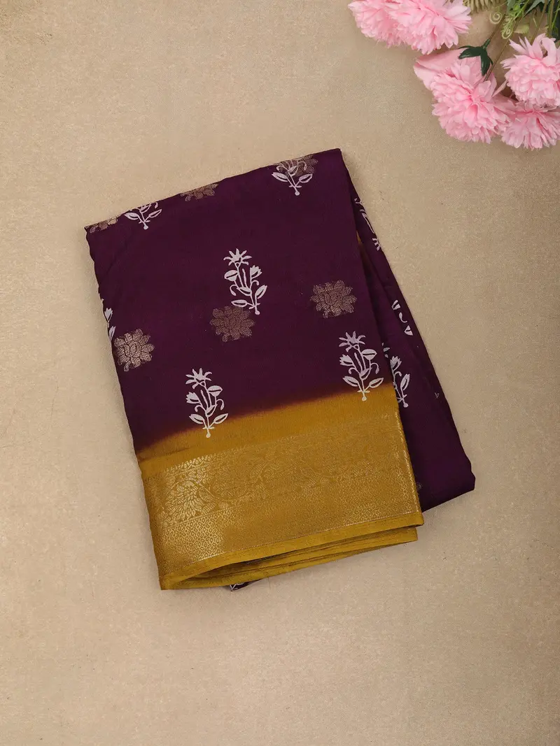 Deep Wine Floral Butta Printed Design Mixed Cotton Saree With Contrast Zari Border 1