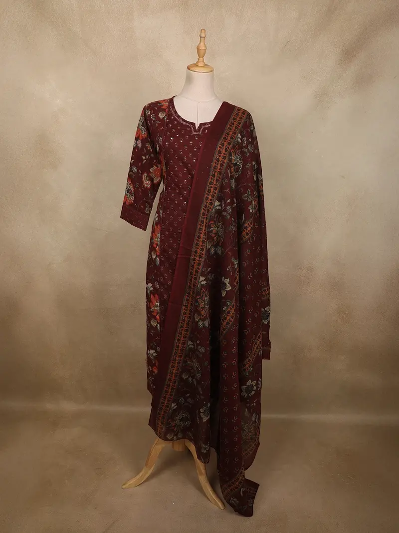 Deep Wine Floral Printed Design Cotton Salwar Suit With Dupatta 1