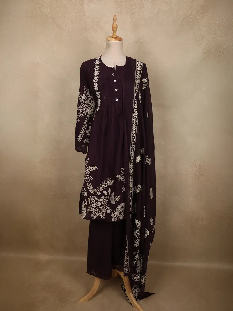 Deep Wine Floral Printed Design Cotton Salwar Suit With Dupatta 1