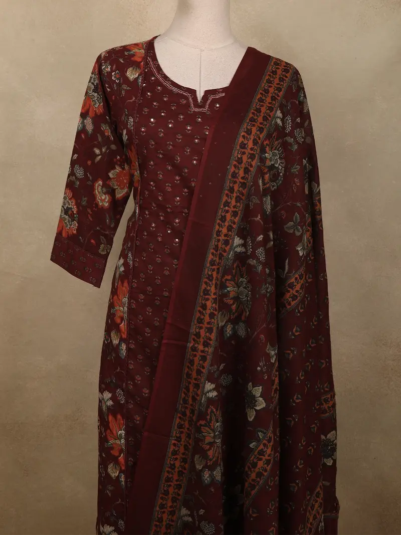 Deep Wine Floral Printed Design Cotton Salwar Suit With Dupatta 2