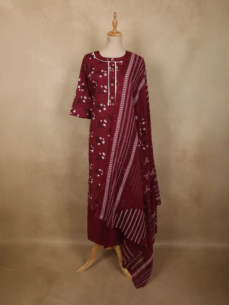 Deep Wine Floral Printed Design Cotton Straight Cut Salwar Suit With Dupatta 1