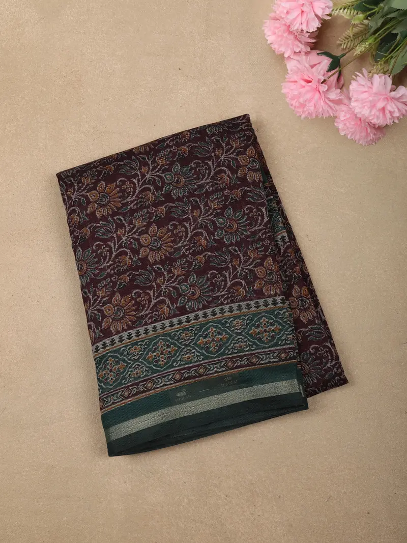 Deep Wine Floral Printed Design Crepe Saree With Contrast Border 1