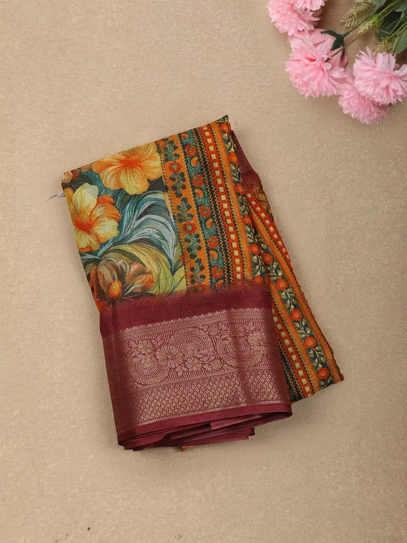 Deep Wine Floral Printed Design Crepe Silk Casual Wear Saree With Contrast Zari Border 1
