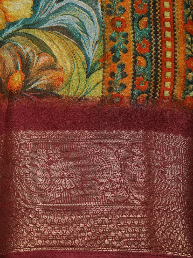 Deep Wine Floral Printed Design Crepe Silk Casual Wear Saree With Contrast Zari Border 2