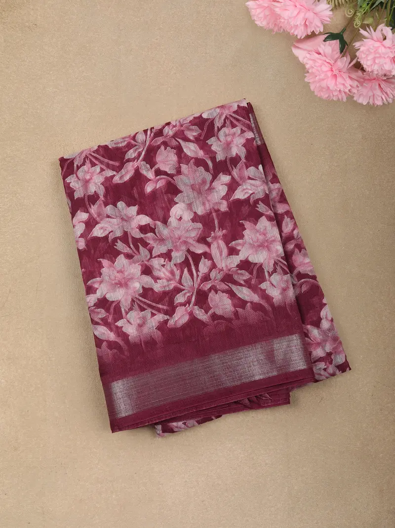 Deep Wine Floral Printed Design Linen Cotton Casual Wear Saree 1