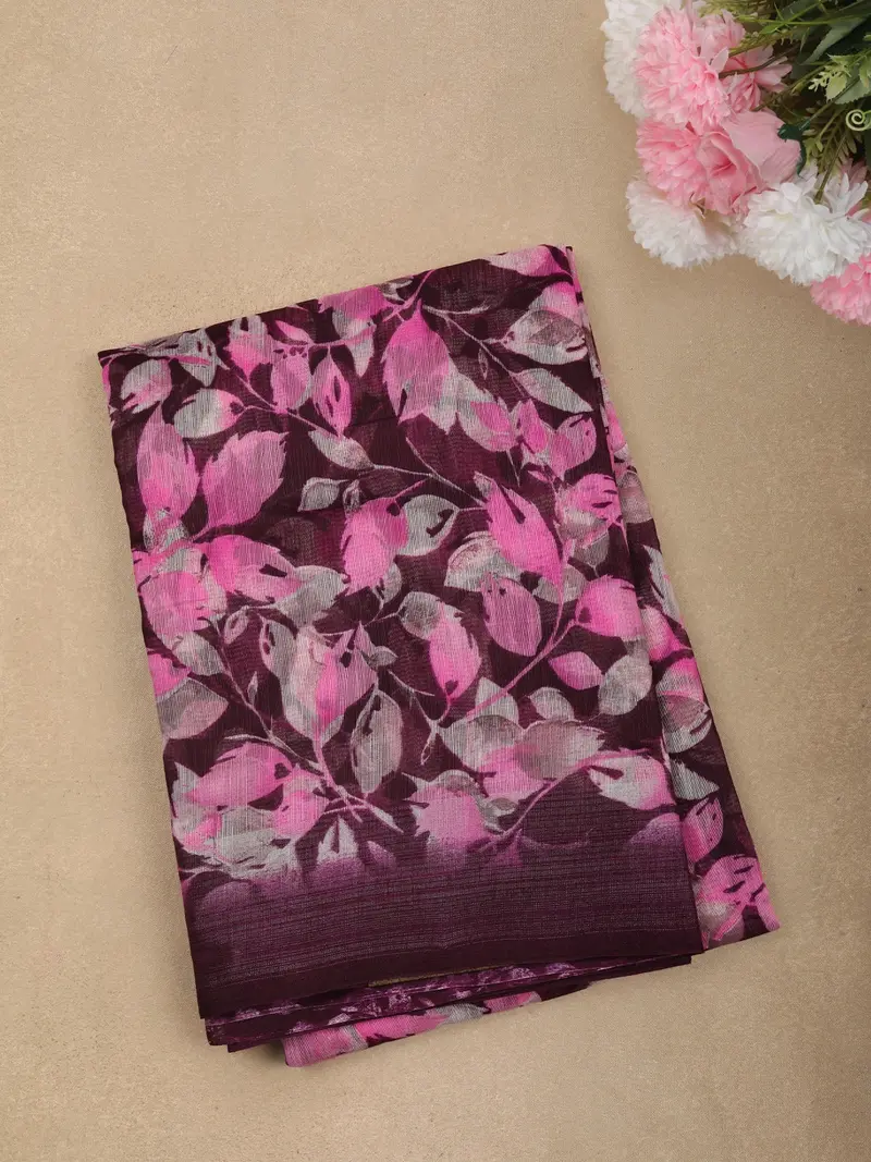 Deep Wine Floral Printed Design Linen Cotton Casual Wear Saree 1