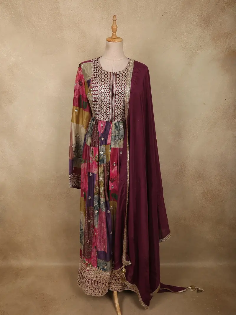 Deep Wine Floral Printed Design Synthetic Anarkali Salwar Suit With Dupatta 1